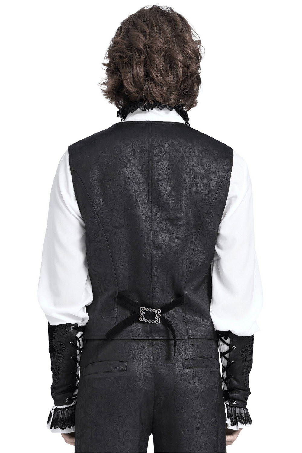 Back view of elegant black gothic waistcoat with floral detailing and velvet straps, perfect for dark, stylish outfits.