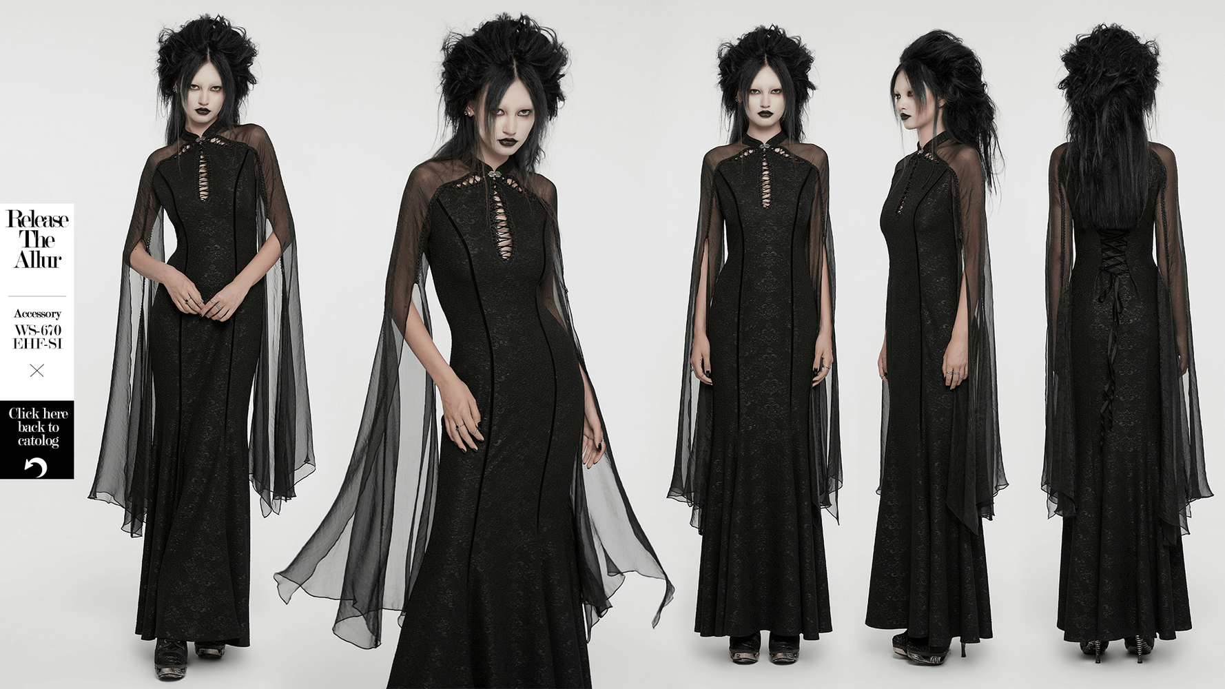 Gothic Flowing Chiffon Dress with Fishtail and Lace-Up Back, featuring split sleeves and a mystical drawstring chest design.