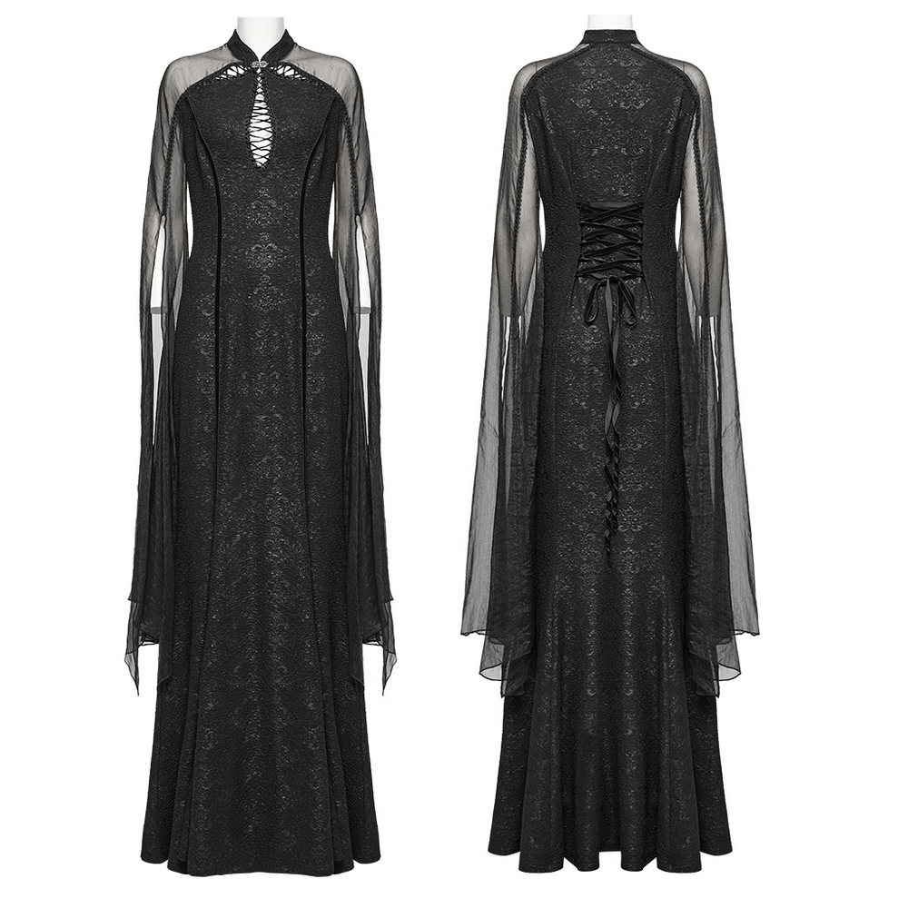 Gothic chiffon dress with lace-up back, fishtail silhouette, and split sleeves in dark fairy-inspired design.