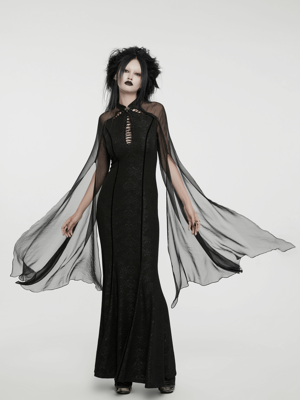 Gothic flowing chiffon dress with fishtail, lace-up back, split sleeves, and drawstring chest. Dark fairy-inspired mystique.