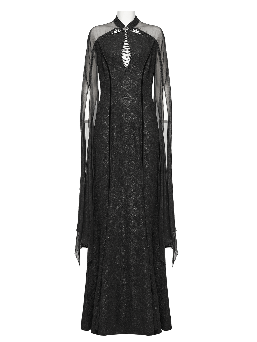 Gothic chiffon dress with fishtail silhouette, lace-up back, and split sleeves. Dark fairy-inspired design with hollow chest detail.