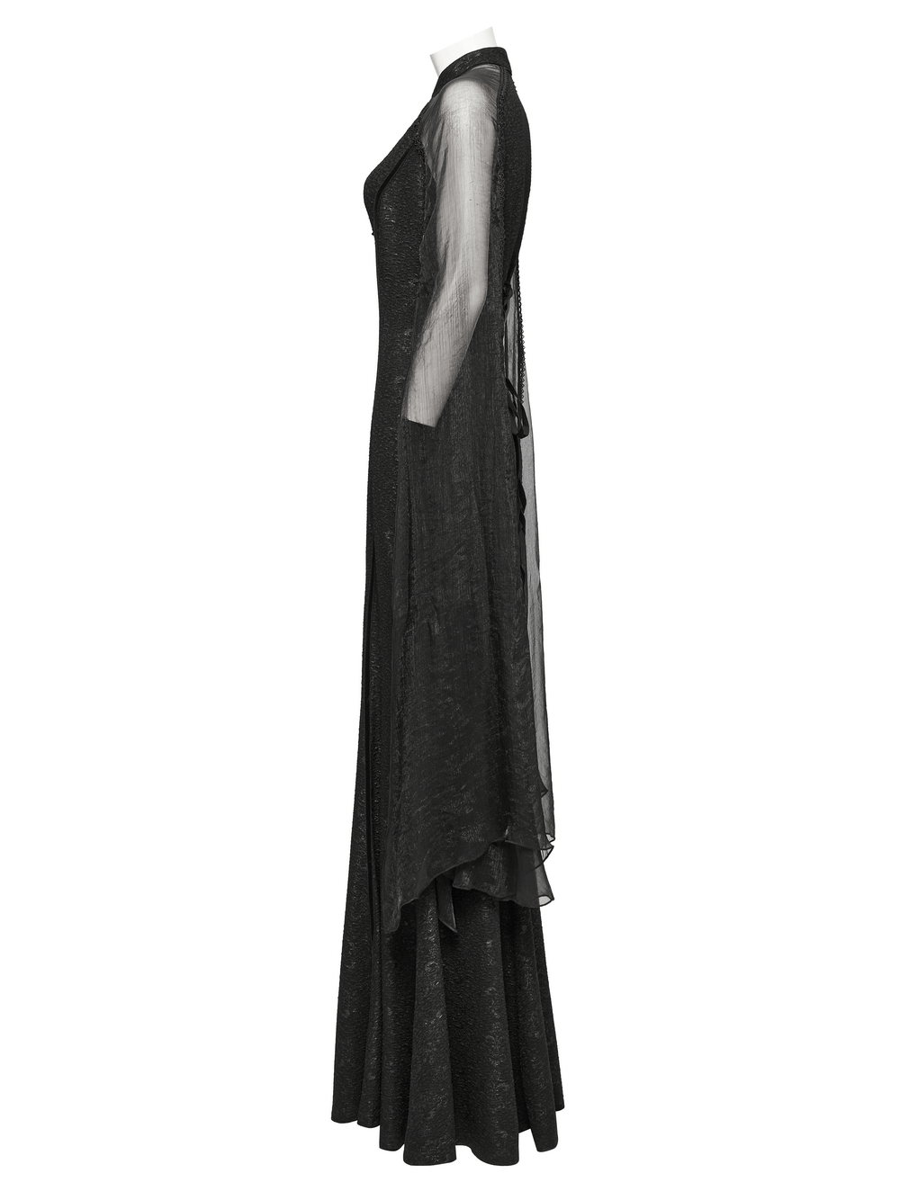 Gothic chiffon dress with fishtail silhouette, split sleeves, and lace-up back in side view. Dark fairy-inspired gothic fashion.