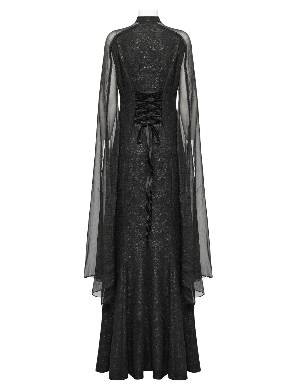 Gothic flowing chiffon dress with lace-up back, featuring fishtail silhouette and split sleeves for a dark fairy-inspired look.