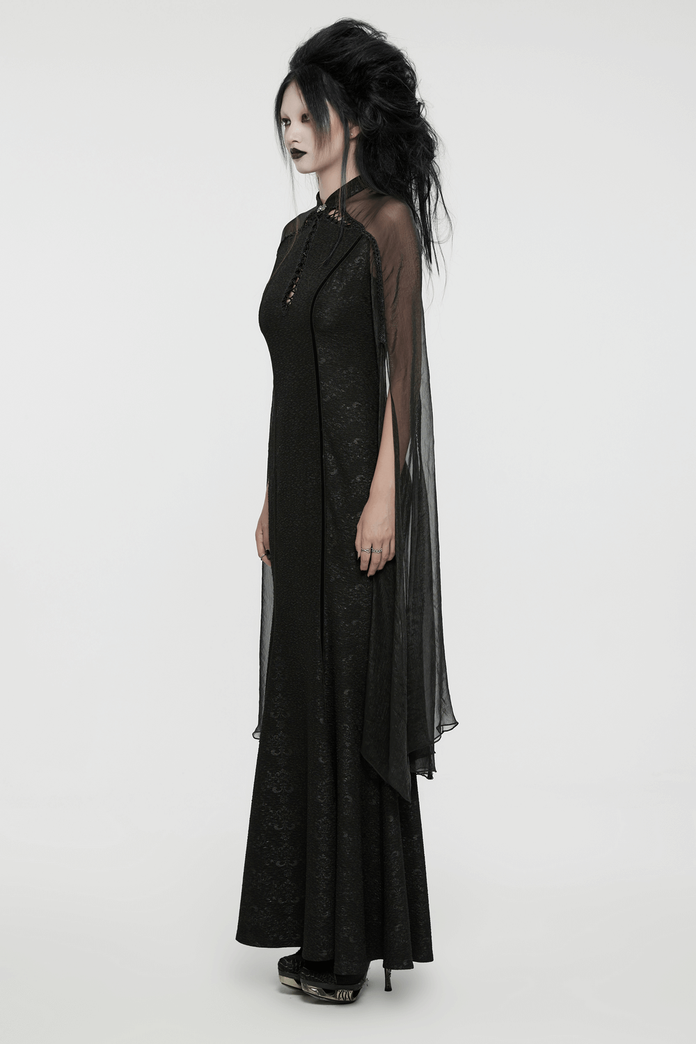 Gothic chiffon dress with lace-up back, featuring dark fairy-inspired style, split sleeves, and fishtail silhouette.