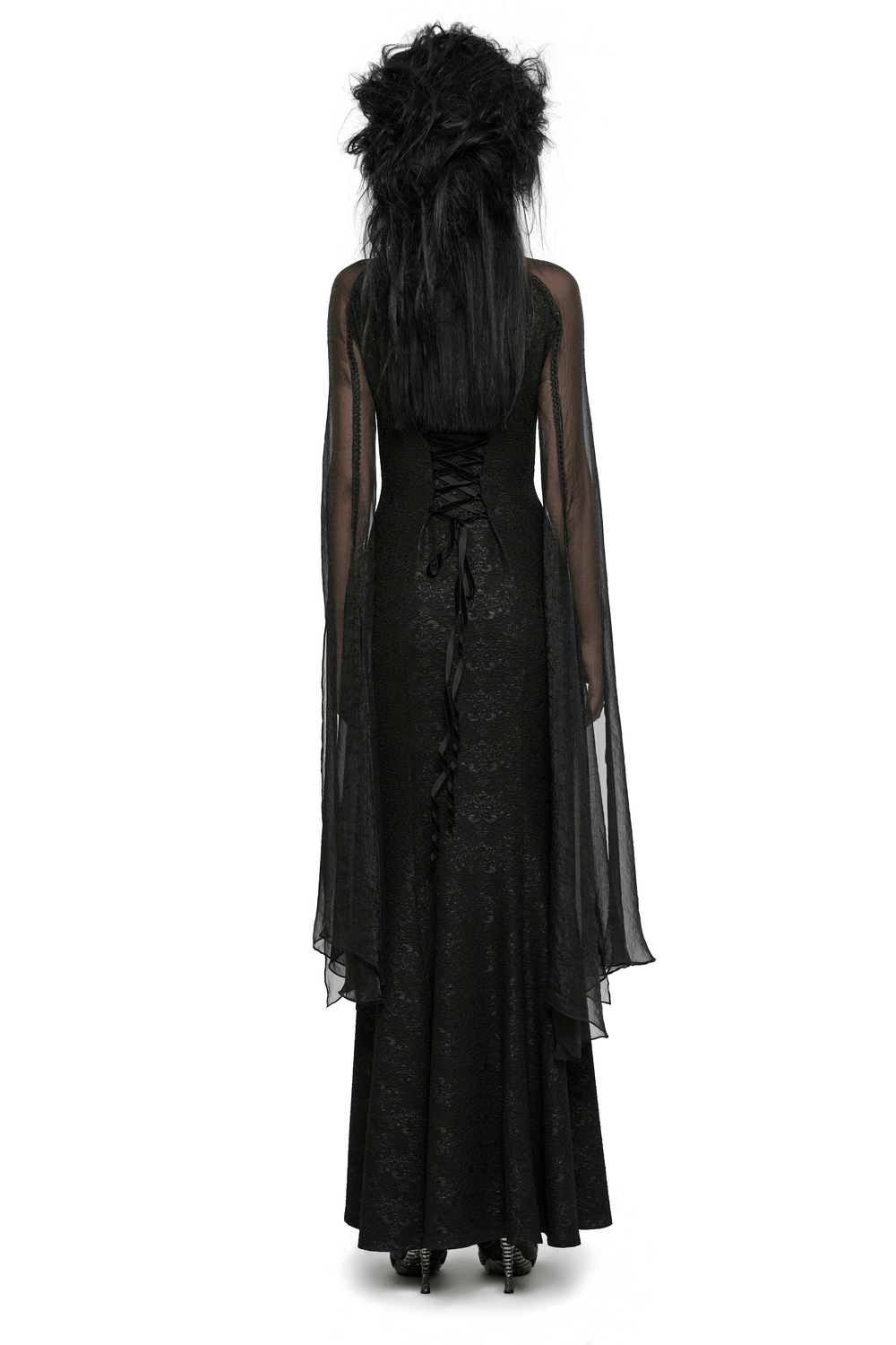 Gothic chiffon fishtail dress with lace-up back, featuring flowing split sleeves and enchanting dark fairy style.