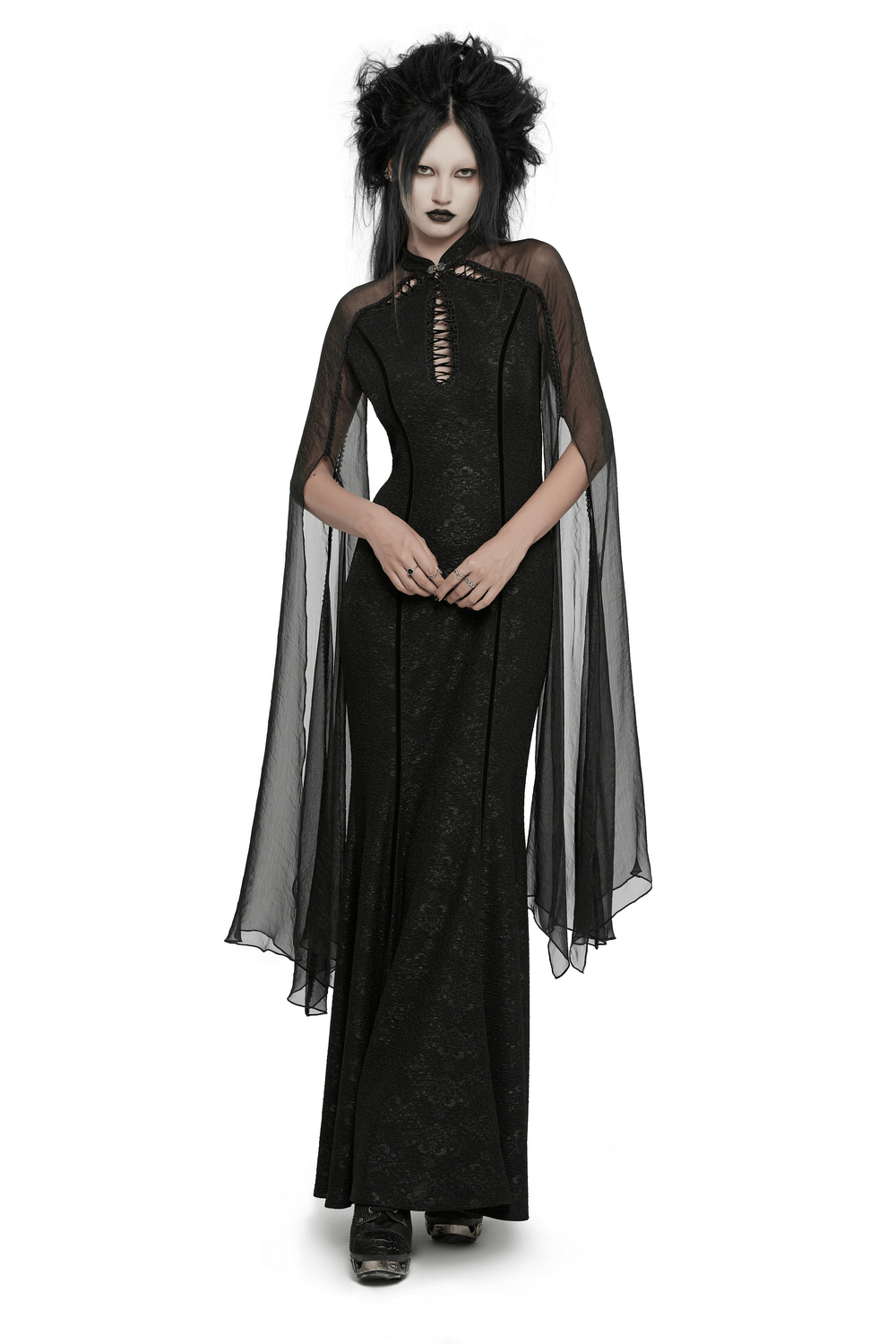 Gothic flowing chiffon dress with fishtail, lace-up back, and split sleeves. Dark fairy-inspired elegance with mystical charm.