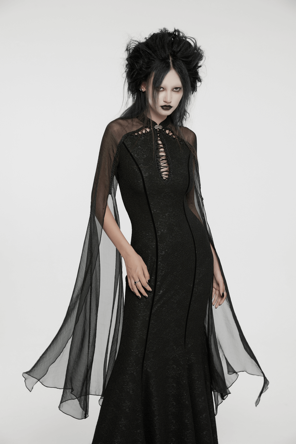 Gothic flowing chiffon dress with fishtail and lace-up back, dark fairy-inspired with split sleeves and seductive hollow design.