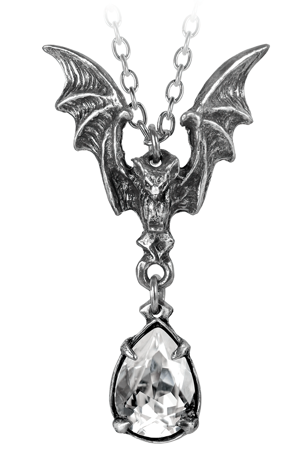 Gothic flying bat pendant necklace with clear crystal drop, perfect for adding elegance and mystery to any gothic style.