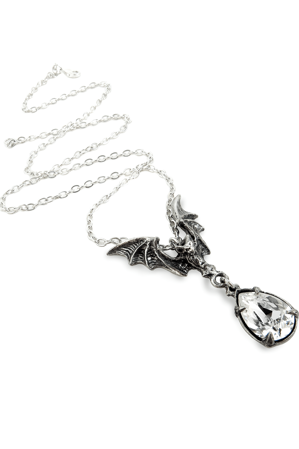 Gothic flying bat pendant necklace with clear crystal drop, perfect for a mysterious gothic style.