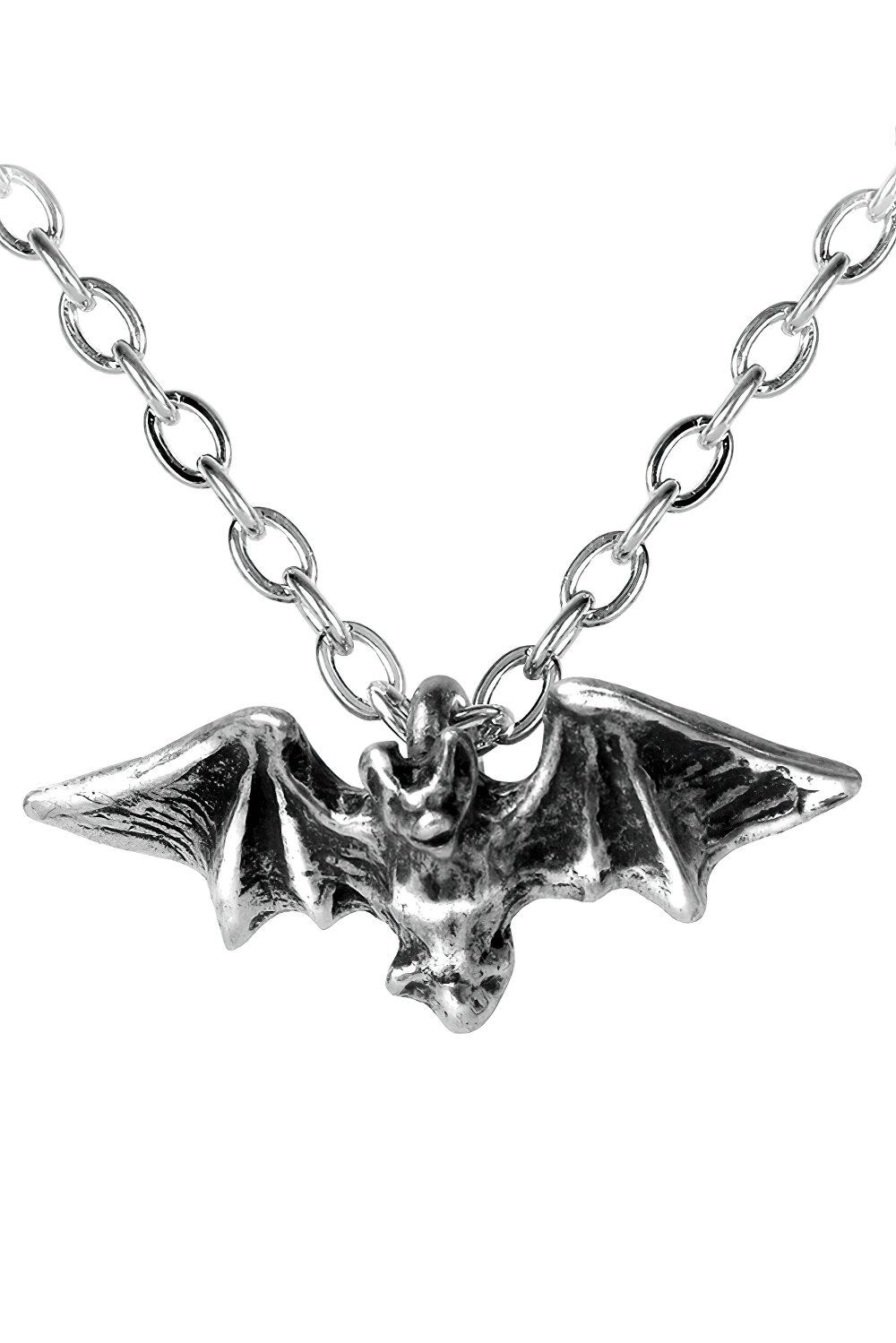 Gothic pewter bat pendant with outstretched wings on a silver chain necklace.