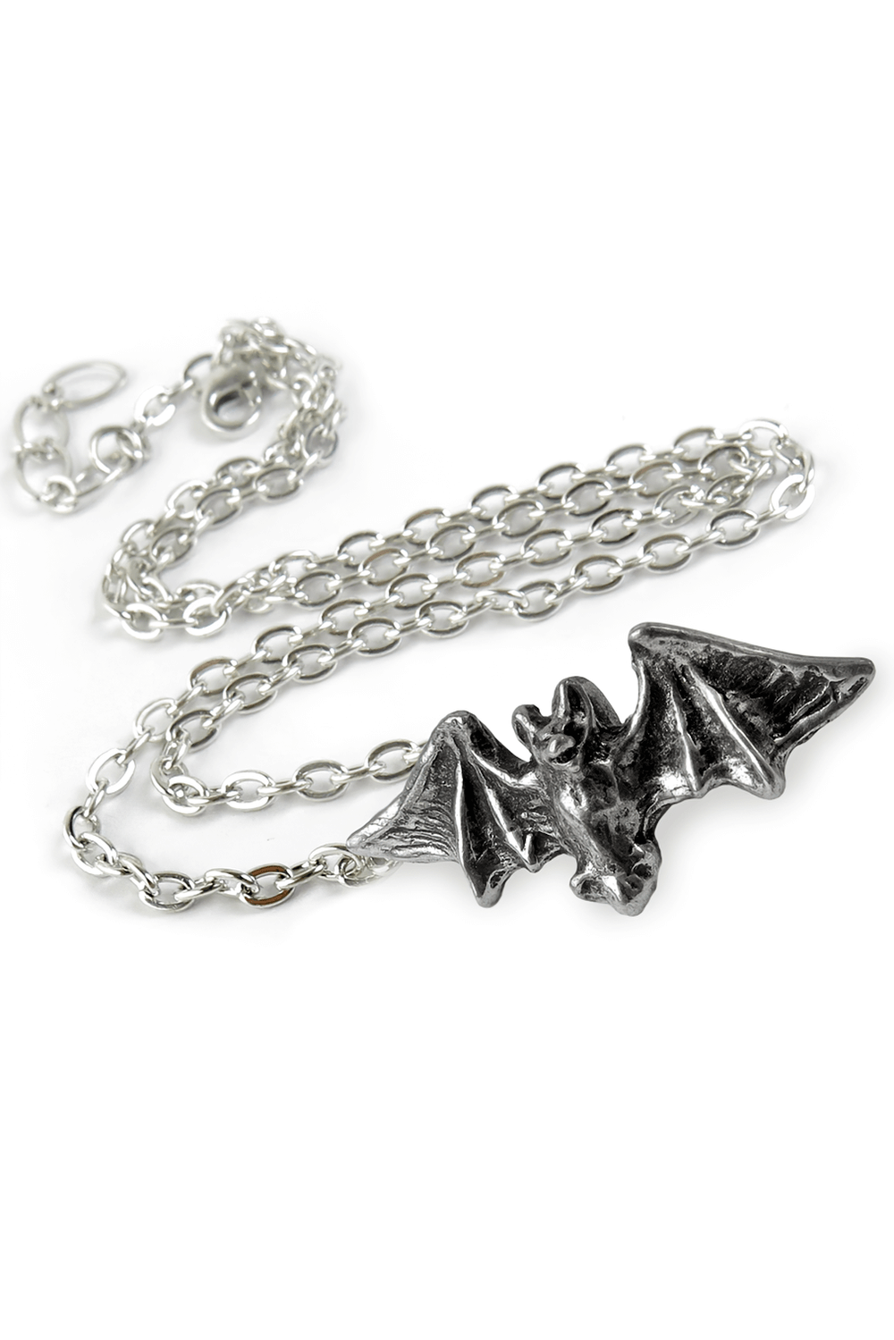Gothic pewter bat pendant necklace with outstretched wings, perfect for dark fashion lovers.