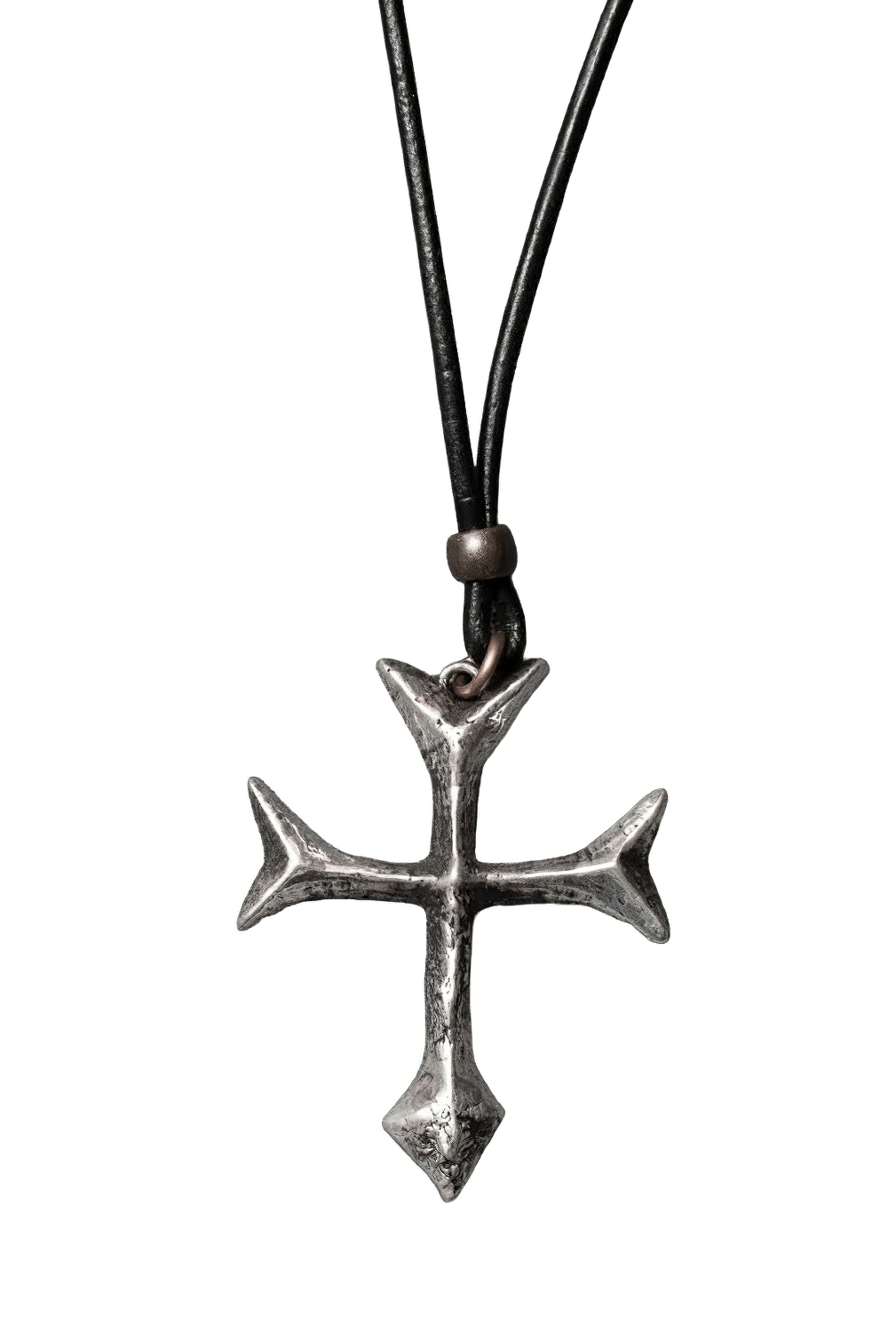 Gothic Fourchee Cross Pewter Pendant Necklace on black cord, featuring forked arms and medieval design in gray pewter.