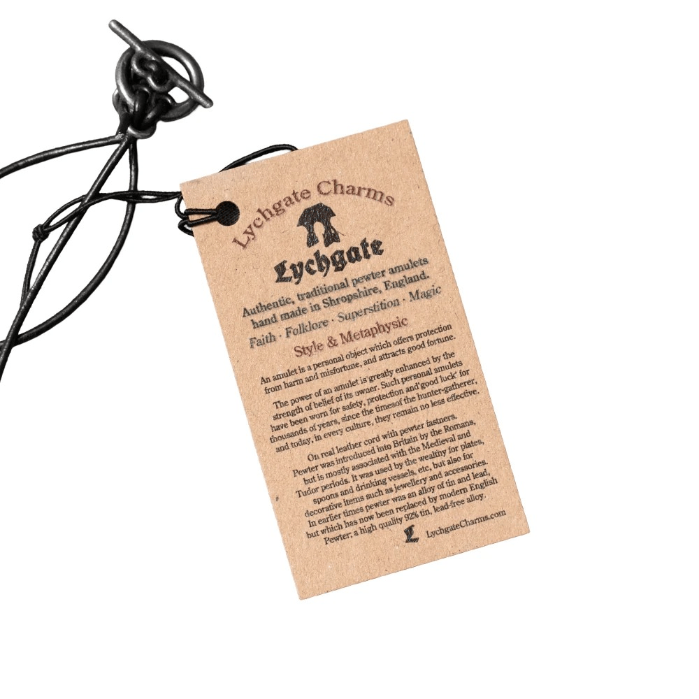 Gothic Fourchee Cross Pewter Pendant Necklace with descriptive tag highlighting its traditional amulet features.