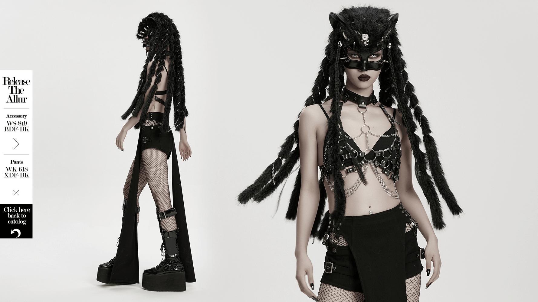 Gothic Fox Mask Hood with Braided Plush and Rivets worn by model showcasing punk fashion and bold accessories.