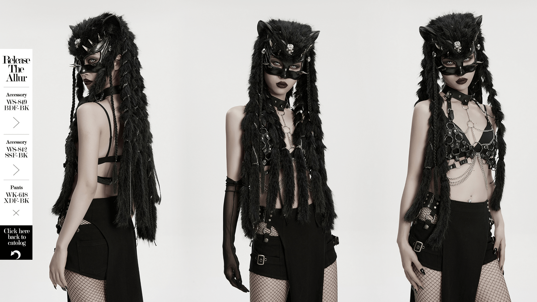 Gothic Fox Mask Hood with Braided Plush and Rivets worn by model showcasing punk aesthetic and dramatic styling.
