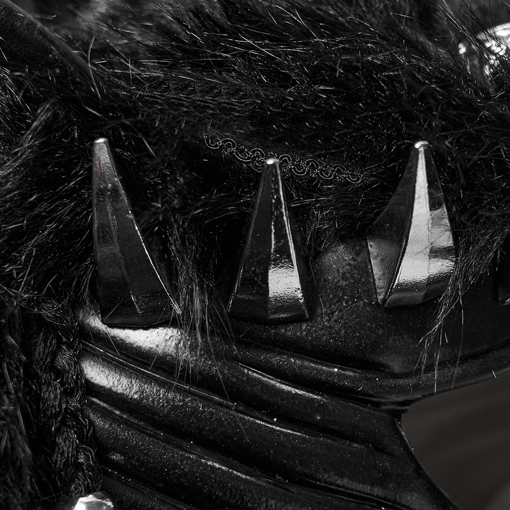 Close-up of Gothic Fox Mask Hood with Braided Plush and Rivets featuring sharp metal rivets and plush texture.