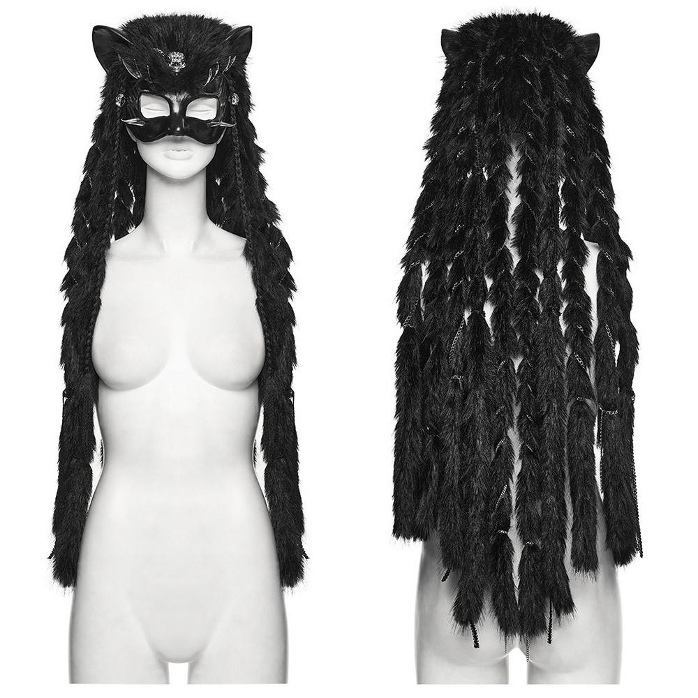 Gothic Fox Mask Hood with Braided Plush and Rivets showcased on a mannequin with dramatic long braids.