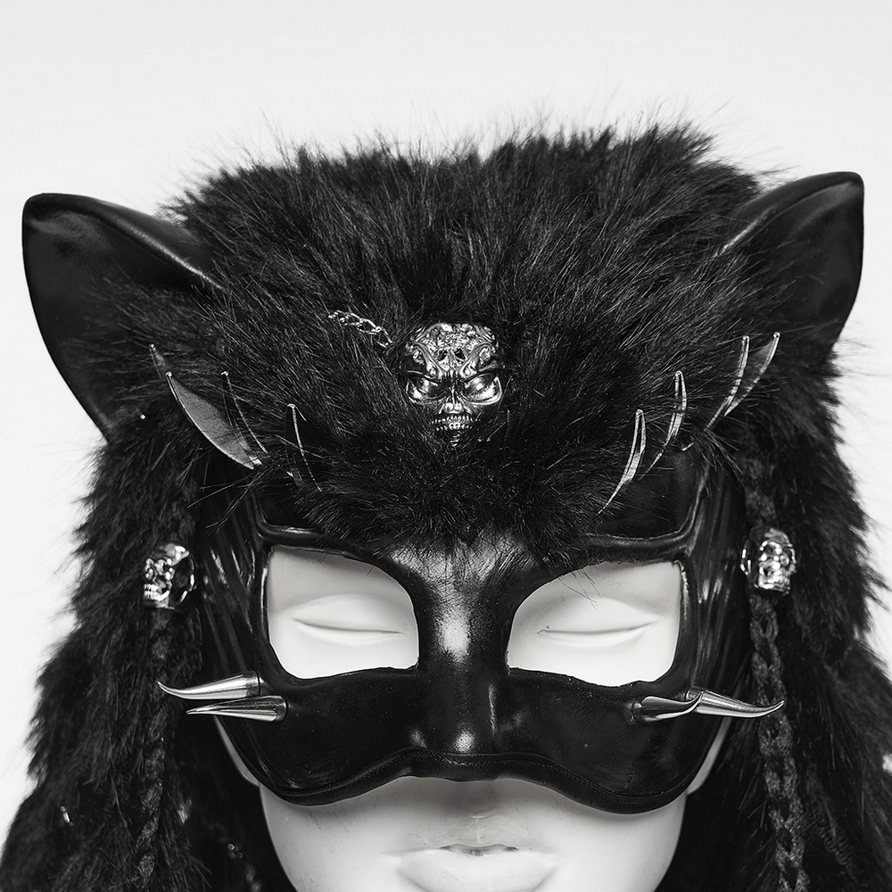 Gothic Fox Mask Hood with Braided Plush and Rivets featuring a bold black mask and striking faux fur details.
