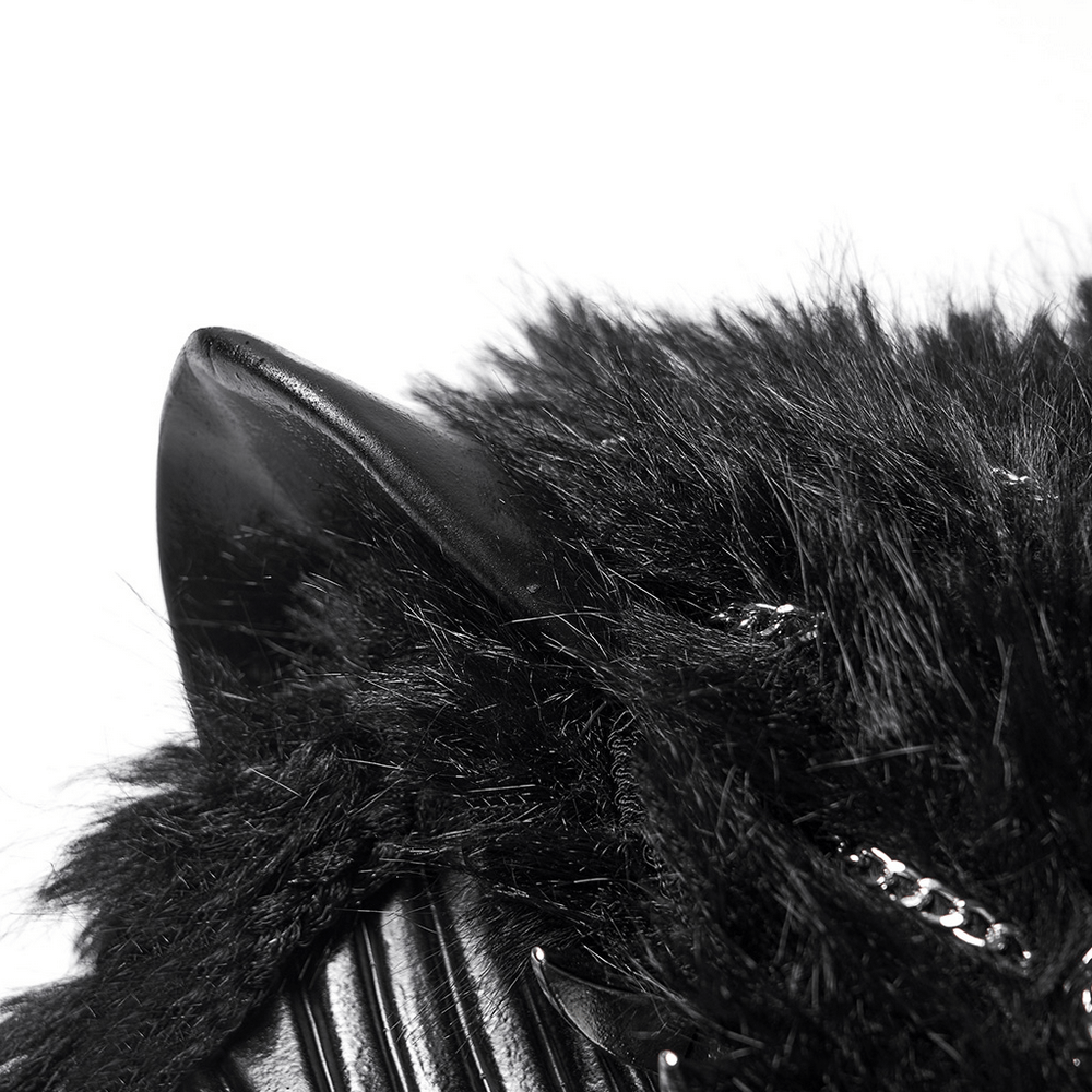 Close-up of Gothic Fox Mask Hood with Braided Plush and Rivets highlighting faux fur and pointed ear design.
