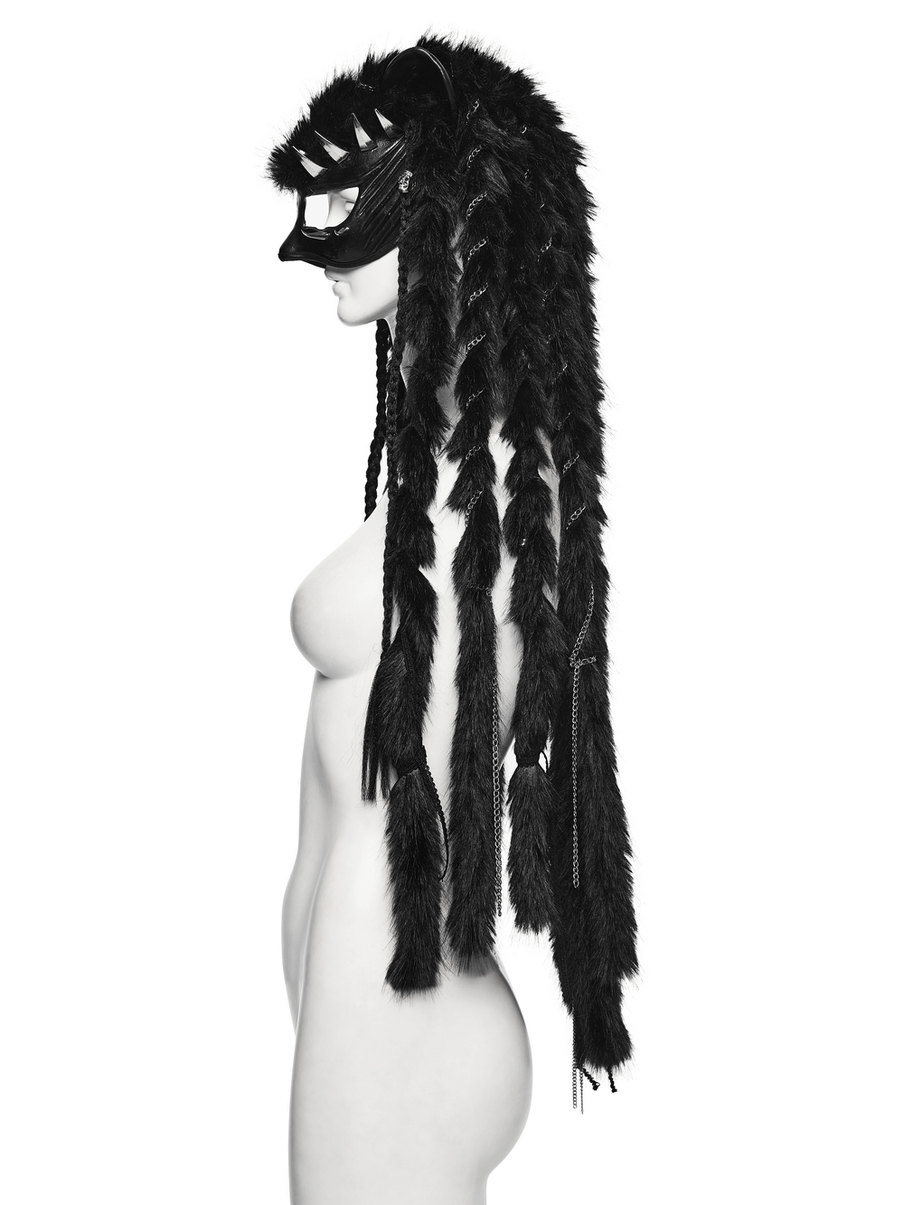 Gothic Fox Mask Hood with Braided Plush and Rivets displayed on a mannequin in profile view, showcasing faux fur details.