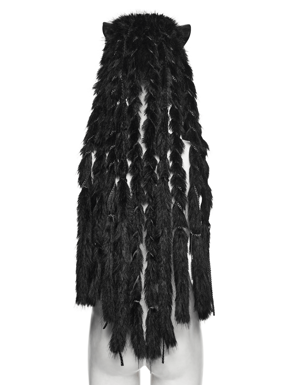 Gothic Fox Mask Hood with Braided Plush and Rivets displaying braided plush hair and black fur.