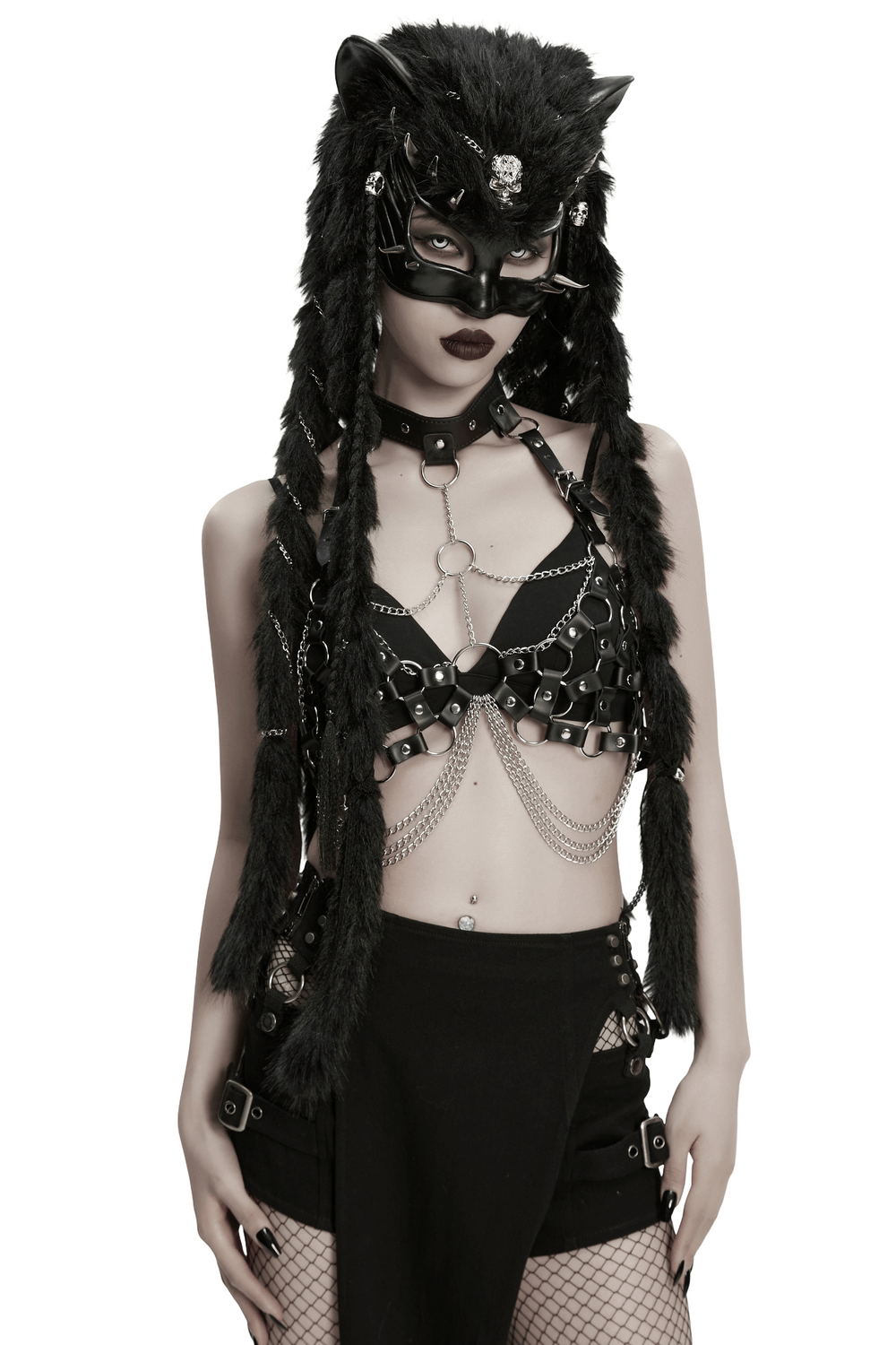 Gothic Fox Mask Hood with Braided Plush and Rivets worn by a model showcasing punk style and edgy accessories.