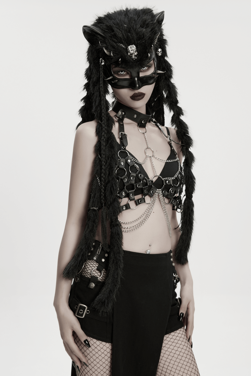 Gothic Fox Mask Hood with Braided Plush and Rivets showcased on a model in punk-inspired outfit.