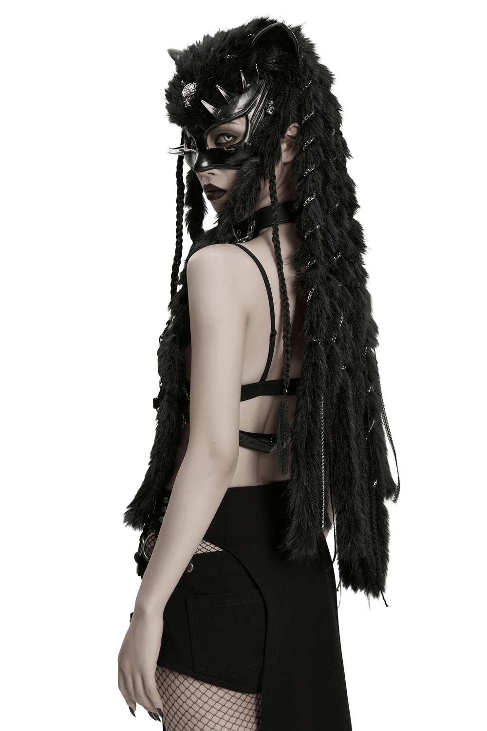 Gothic Fox Mask Hood with Braided Plush and Rivets showcases a striking punk aesthetic with dramatic details.