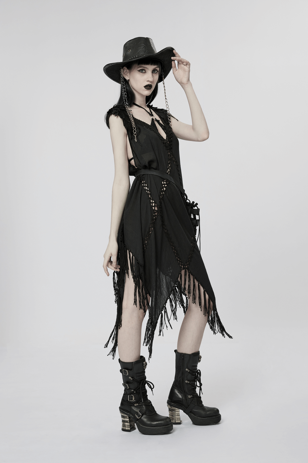 Gothic Fringe V-Neck Dress with tassels, layered lace, worn by model in boho style with black hat and boots.