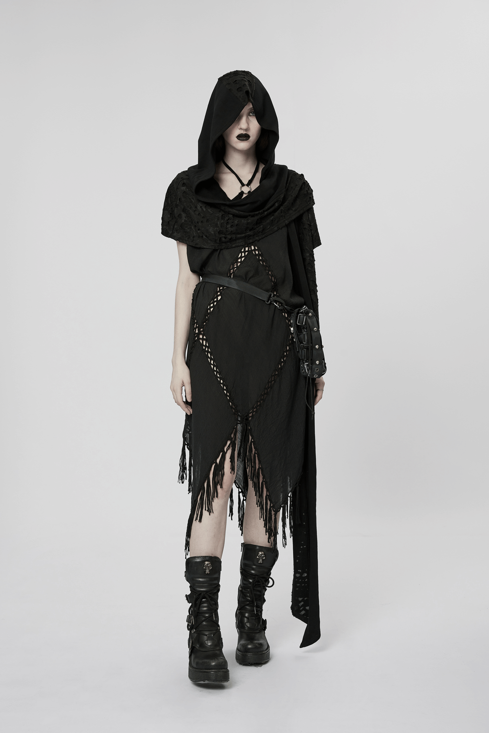 Gothic Fringe V-Neck Dress with hood, lace details, and fringed hem, perfect for Bohemian and witch-inspired looks.