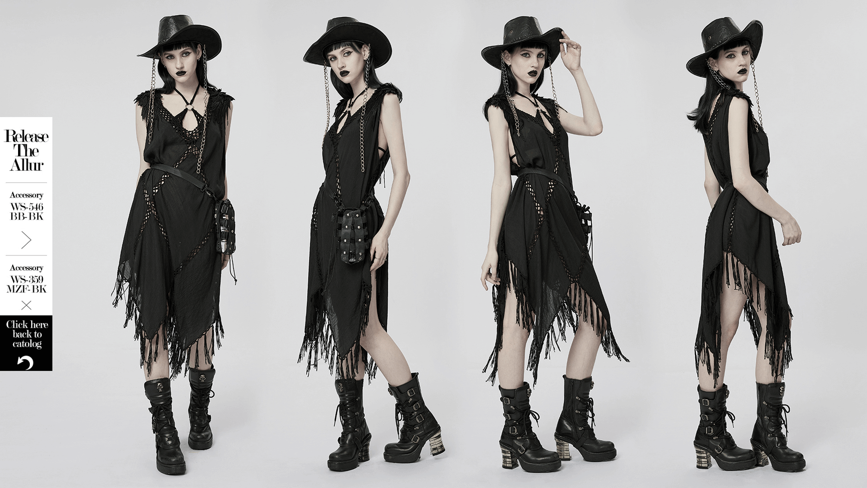 Gothic Fringe V-Neck Dress featuring boho mesh overlay, lace shoulder details, and edgy fringe for a striking silhouette.