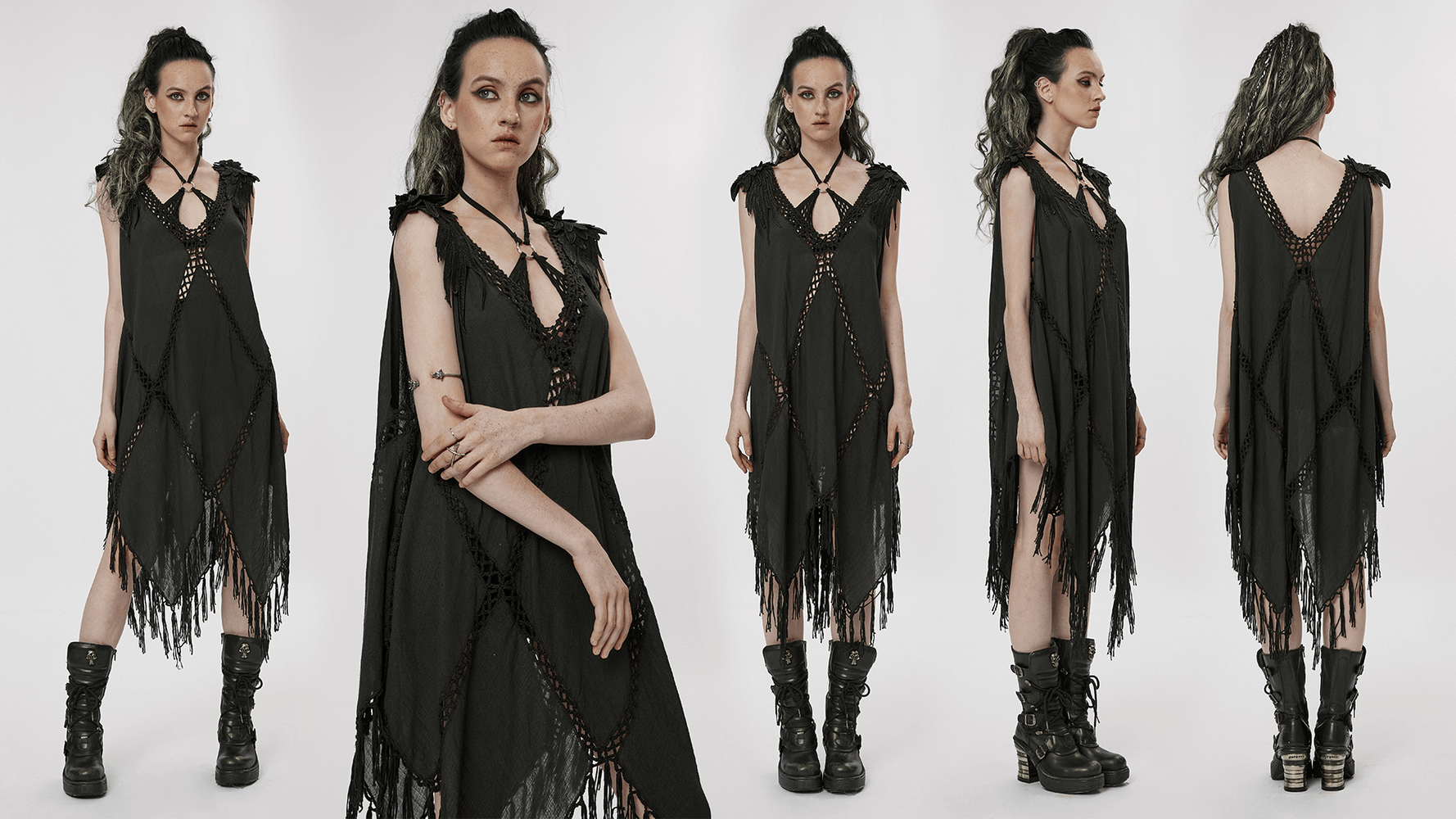 Gothic Fringe V-Neck Dress with Boho Mesh Overlay, showcasing unique hollow patterns and bold tasseled hem.