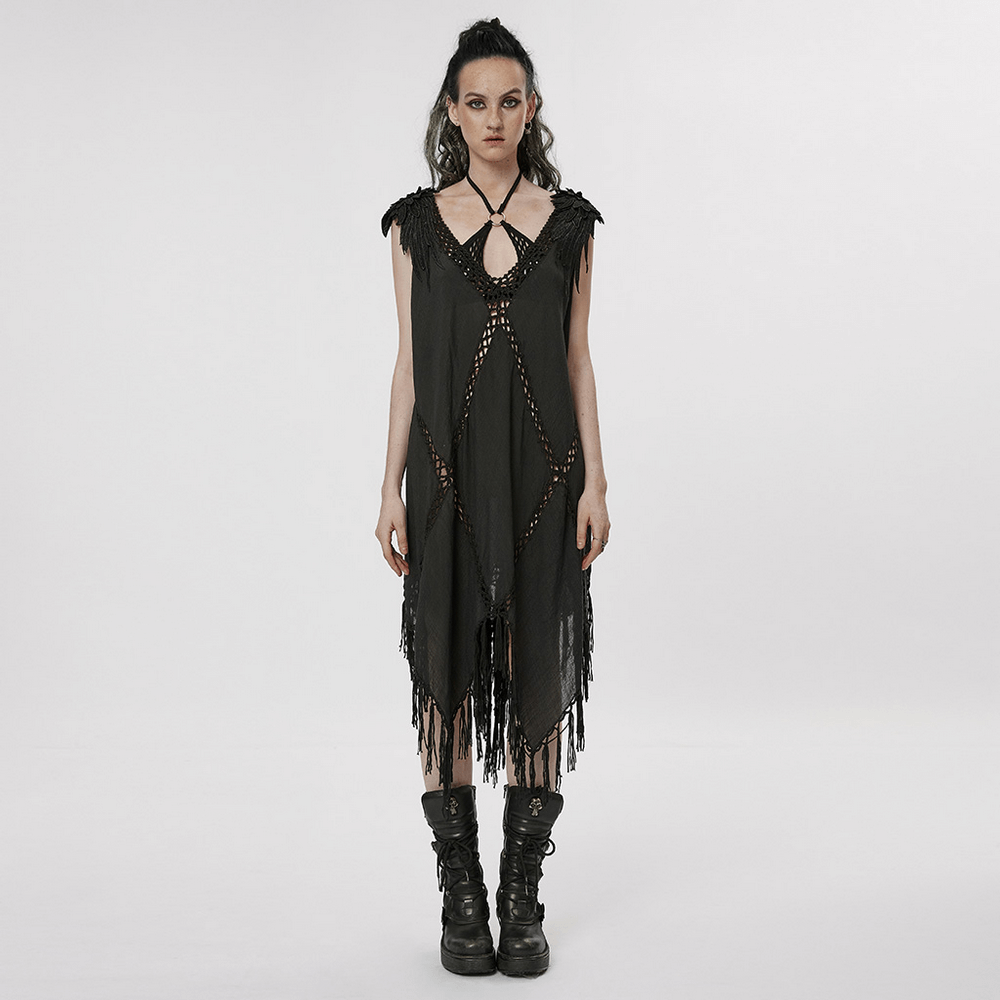 Gothic Fringe V-Neck Dress featuring Boho mesh overlay and tassel hem for a striking, stylish silhouette.