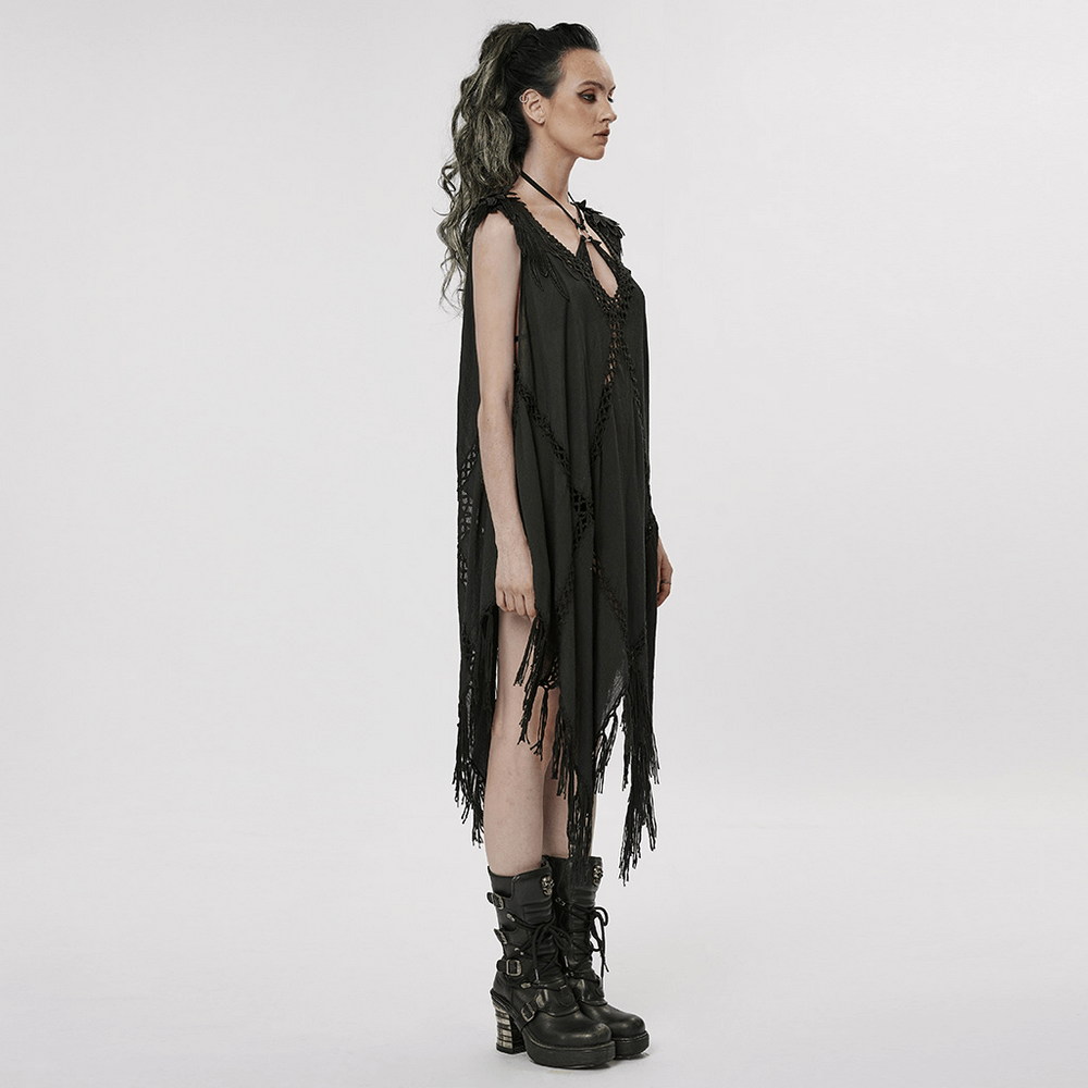 Side view of a Gothic Fringe V-Neck Dress with layered fringe details, perfect for bohemian style lovers.