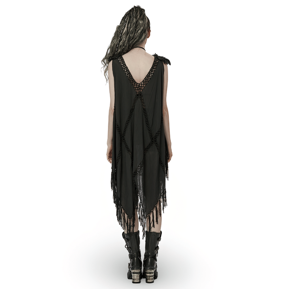 Back view of a Gothic Fringe V-Neck Dress showcasing unique fringe design and layered mesh for a boho-chic style.