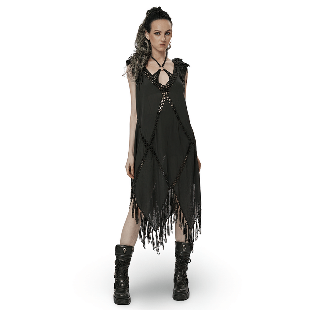 Gothic fringe V-neck bohemian woven dress with tassels, featuring unique hollow patterns and striking silhouette.