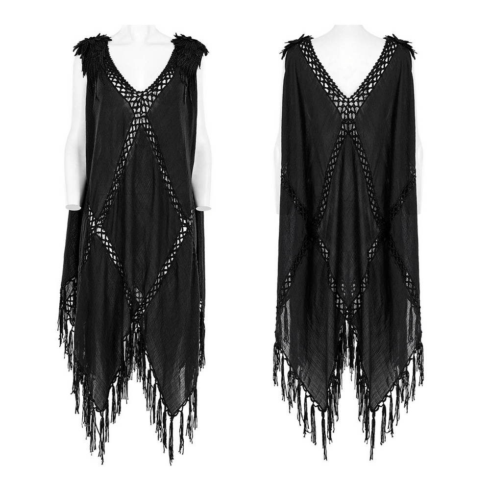 Gothic Fringe V-Neck Dress featuring boho mesh overlay and tassel hem, perfect for a striking and stylish look.