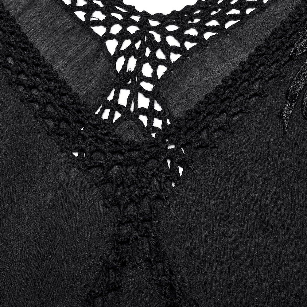 Close-up of the intricate crocheted neckline on a Gothic Fringe V-Neck Dress, showcasing boho chic details.