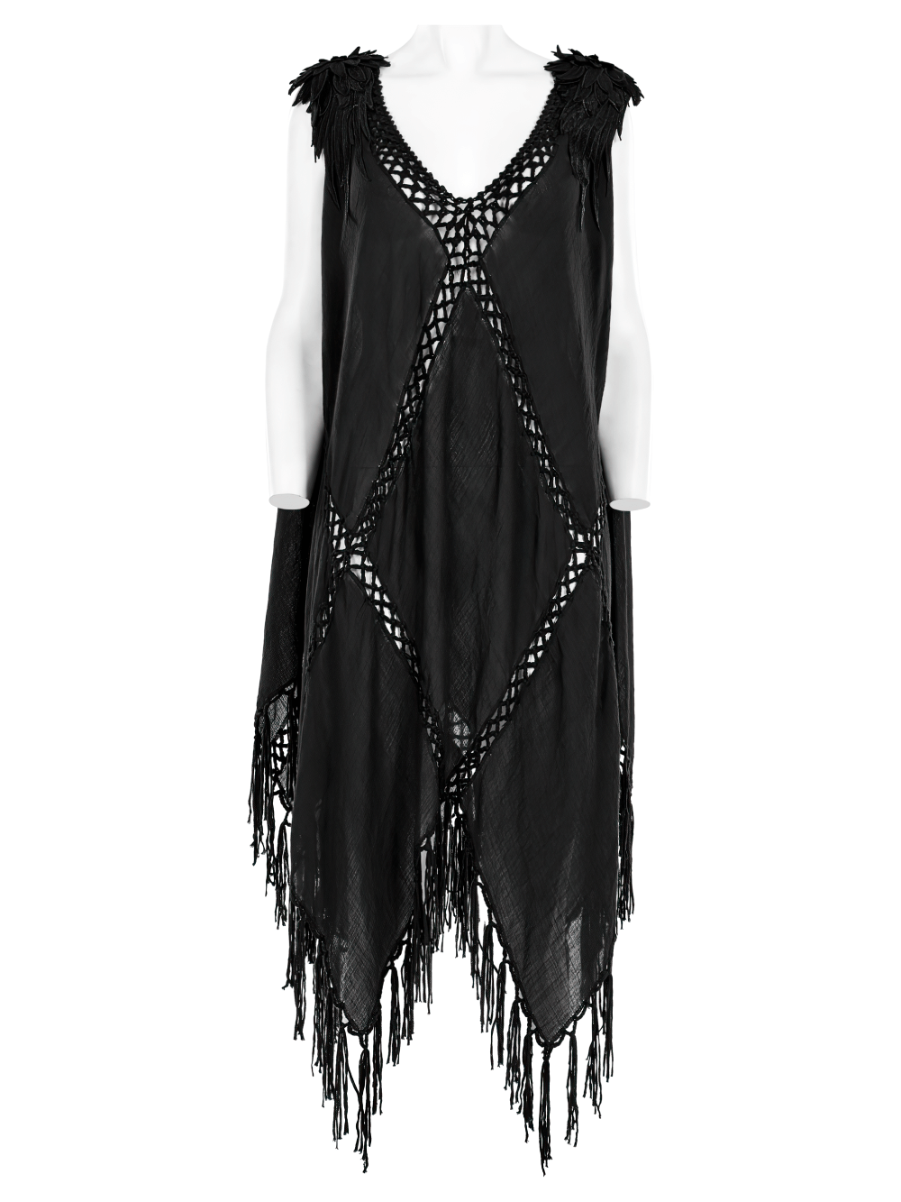 Gothic Fringe V-Neck Dress featuring woven fabric, hollow patterns, and tasseled hem for a bohemian witchy look.