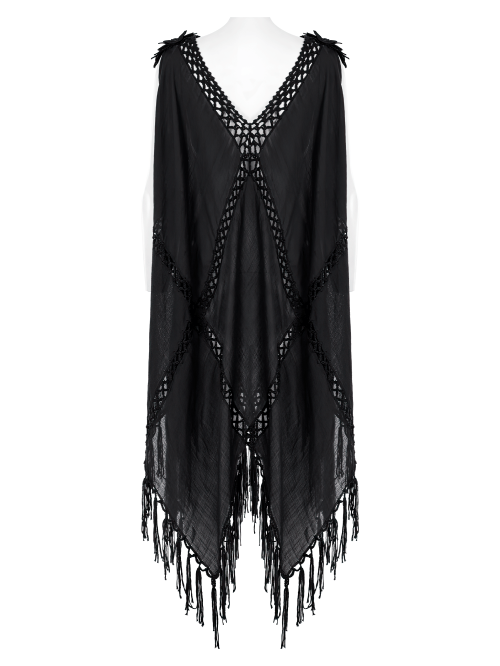 Gothic Fringe V-Neck Dress with Boho Mesh Overlay and tasseled hem, perfect for a bold bohemian style.