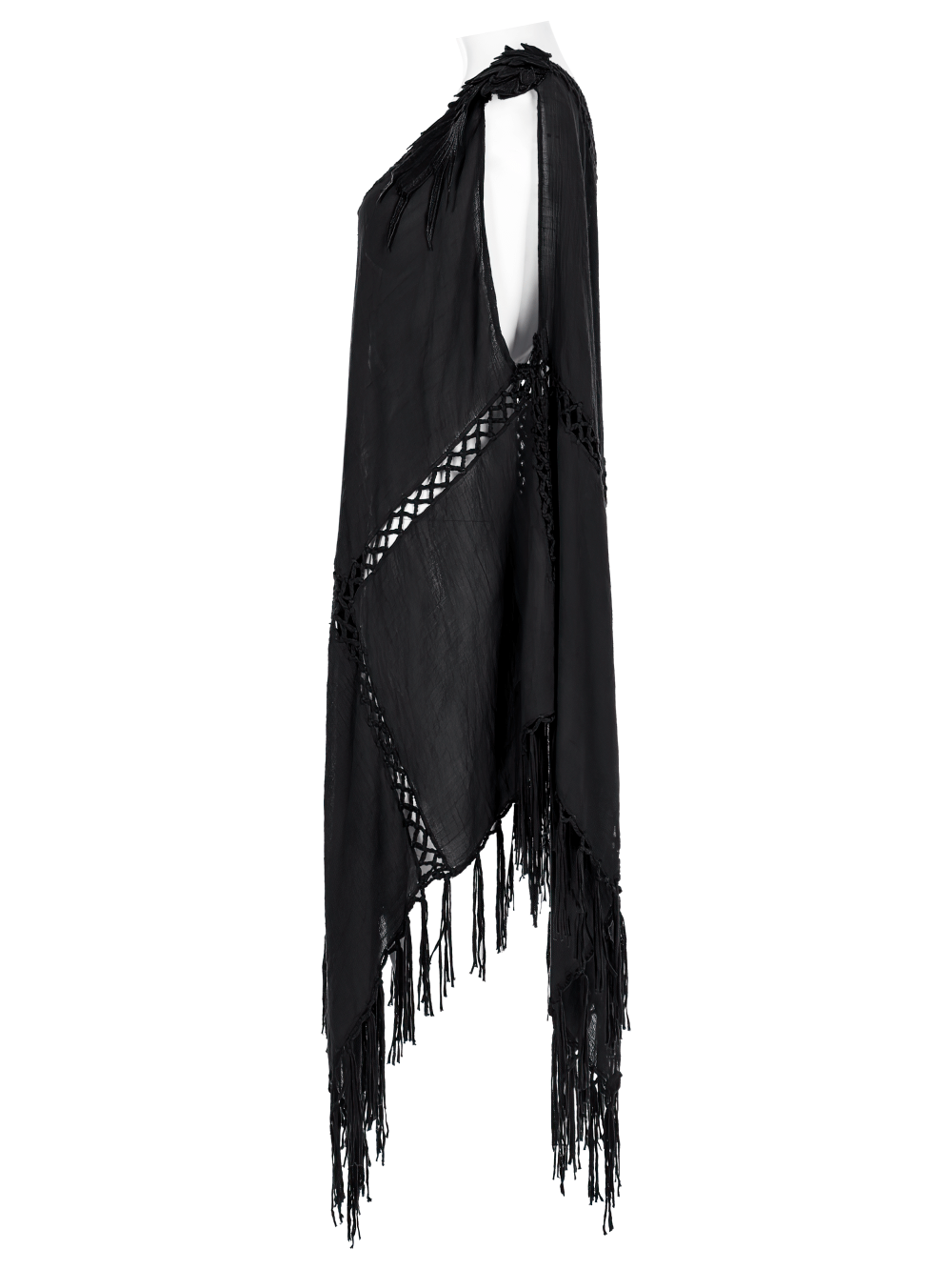 Gothic fringe black dress with V-neck, layered lace, and boho mesh overlay, perfect for a bold statement.