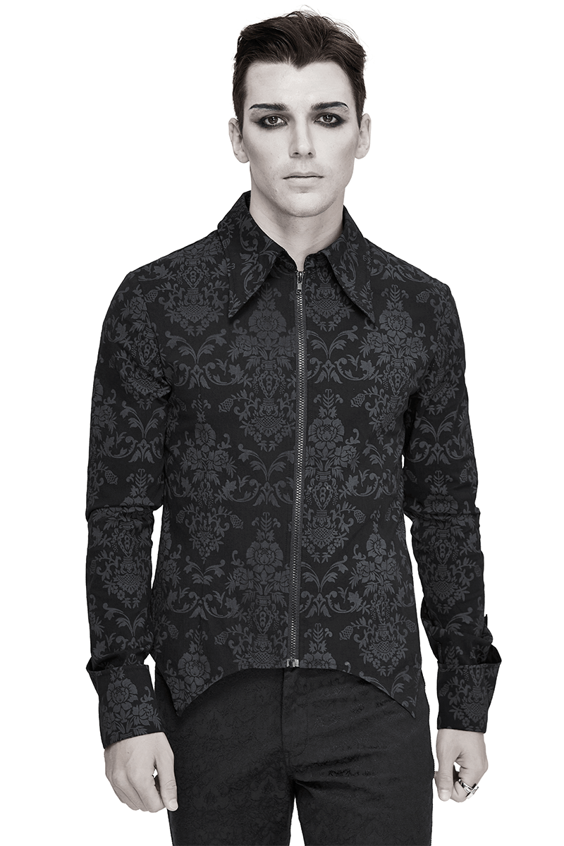 Gothic Front Zip Jacquard Shirt / Men's Long Sleeves Irregular Hemline Shirt - HARD'N'HEAVY