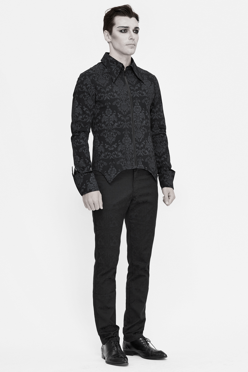 Gothic Front Zip Jacquard Shirt / Men's Long Sleeves Irregular Hemline Shirt - HARD'N'HEAVY