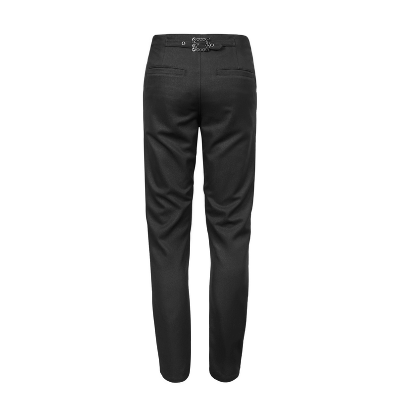 Back view of Gothic men's black pants showcasing lace detail and semi-fitted cut, perfect for a stylish gothic look.
