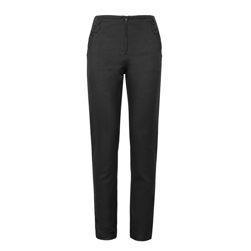 Gothic black front zip pants with lace pattern on side pockets, stylish and semi-fitted for men.