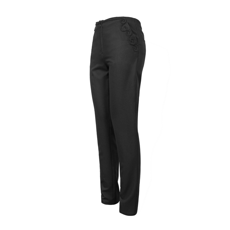 Gothic black pants for men featuring lace pattern on side pockets for a stylish look.