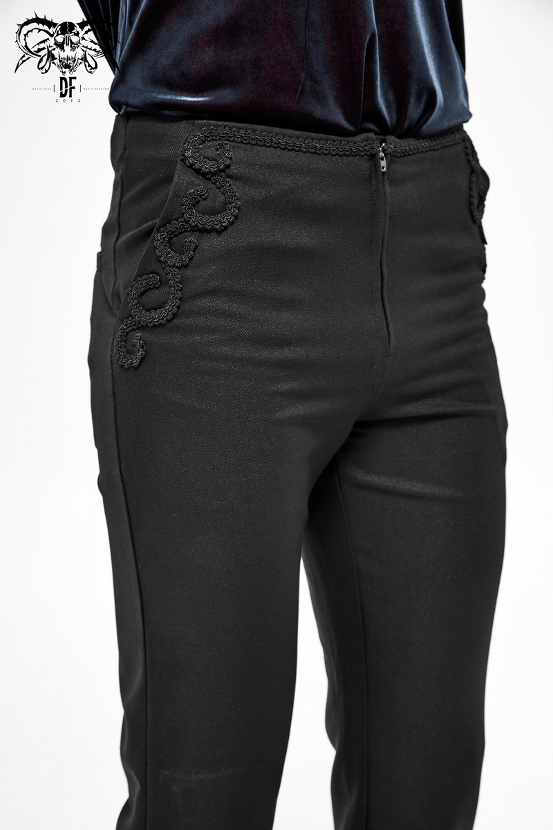 Gothic black pants with lace pattern on side pockets, stylish design for men, perfect for edgy fashion.
