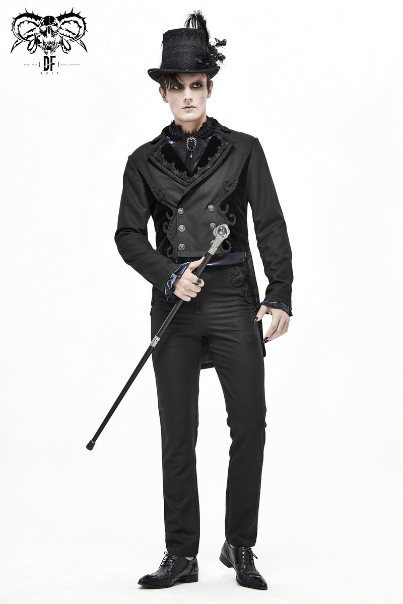 Stylish gothic man in a black suit with top hat, holding a cane, showcasing a unique fashion statement.