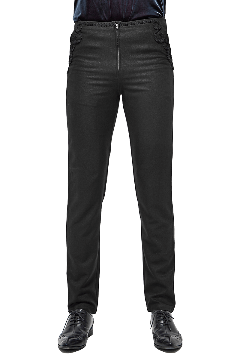 Gothic men's black front zip pants with lace pattern on side pockets for a stylish look.
