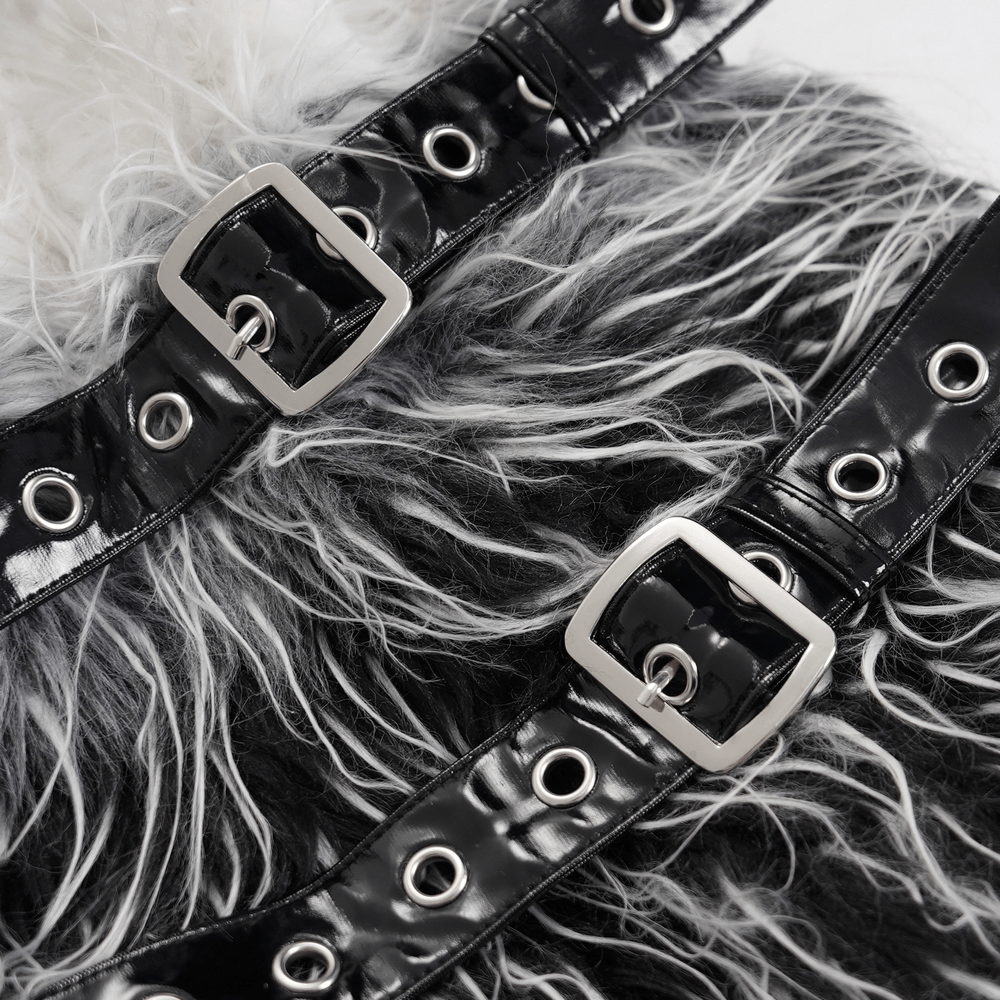 Gothic faux fur leg warmers with black and white fur, featuring O-rings and metal buckle straps for an edgy punk fashion style.